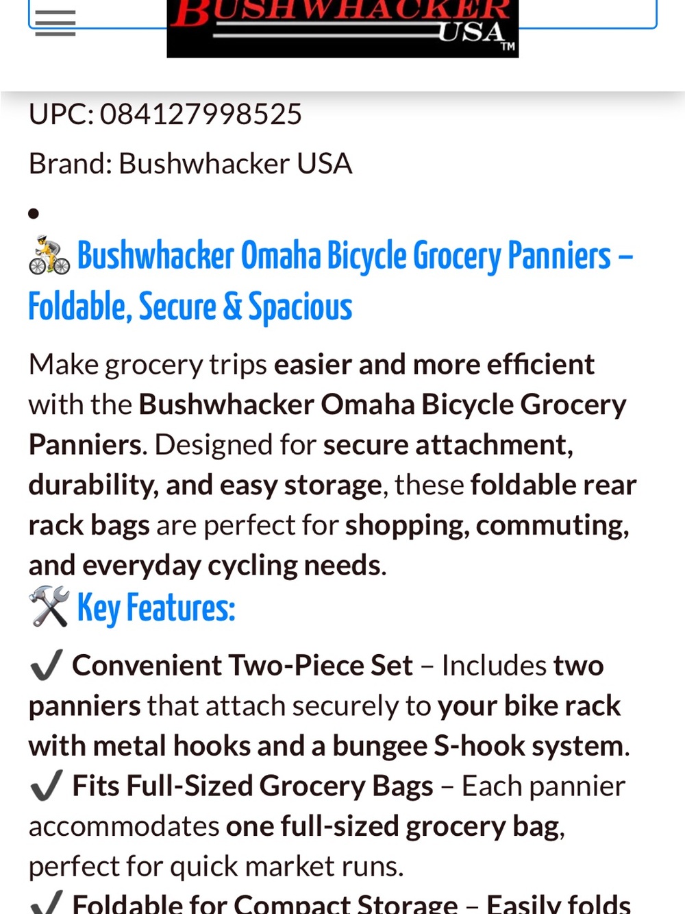 Bushwhacker USA Set hNEW Black Rear Rack Bike Pannier Bags (Pair) - Picture 5 of 11